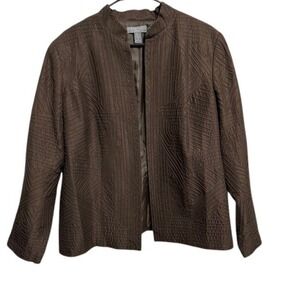 Kate Hill Woman Brown Silk‎ Geometric Pattern Open Front Blazer Jacket Sz 1X